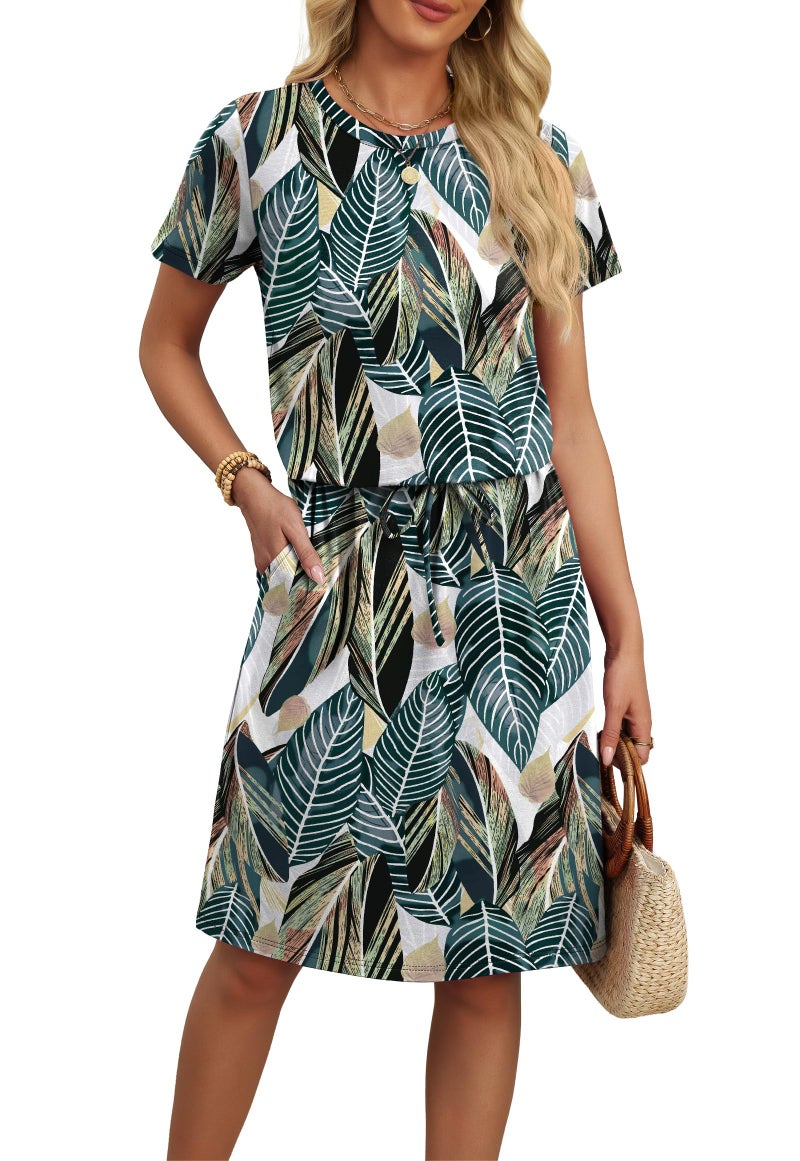 OFEEFAN Sundresses for Women 2026 Boho Maxi Spring Dresses Short Sleeve Tie Waist Resort Wear for Women with Pockets Floral Palm Leaf S - Image 1