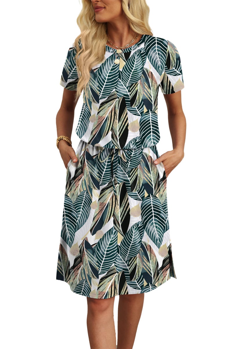 OFEEFAN Sundresses for Women 2026 Boho Maxi Spring Dresses Short Sleeve Tie Waist Resort Wear for Women with Pockets Floral Palm Leaf S - Image 4