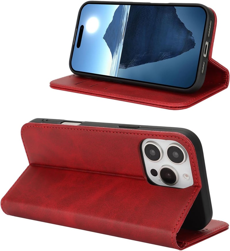 iCoverCase for iPhone 16 Pro Wallet Case with Card Holder, PU Leather Magnetic Kickstand Feature Shockproof Protective Flip Cover Case - Red - Image 3