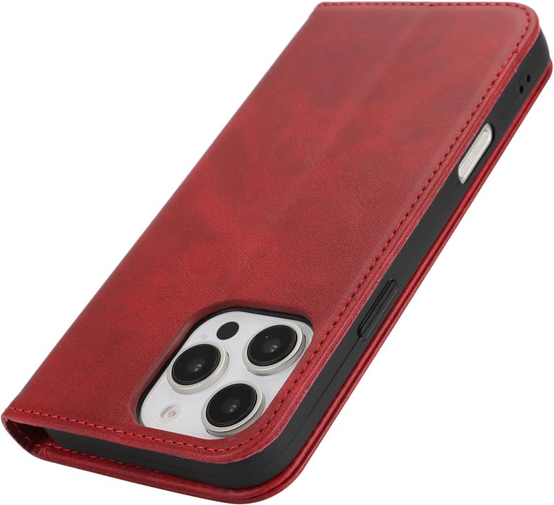 iCoverCase for iPhone 16 Pro Wallet Case with Card Holder, PU Leather Magnetic Kickstand Feature Shockproof Protective Flip Cover Case - Red - Image 4