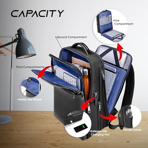 REDHORNS 15.6-Inch Water Resistant Laptop Backpack for Men and Women with USB Charging Port, Anti-Theft Hard Shell PU Leather Laptop Bag for Office, Collage, Travel (Black) - Image 2
