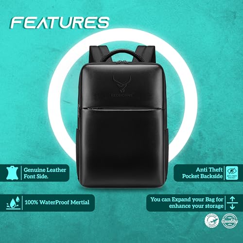 REDHORNS 15.6-Inch Water Resistant Laptop Backpack for Men and Women with USB Charging Port, Anti-Theft Hard Shell PU Leather Laptop Bag for Office, Collage, Travel (Black) - Image 4