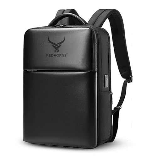 REDHORNS 15.6-Inch Water Resistant Laptop Backpack for Men and Women with USB Charging Port, Anti-Theft Hard Shell PU Leather Laptop Bag for Office, Collage, Travel (Black) - Image 1