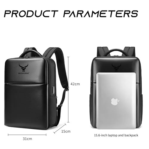 REDHORNS 15.6-Inch Water Resistant Laptop Backpack for Men and Women with USB Charging Port, Anti-Theft Hard Shell PU Leather Laptop Bag for Office, Collage, Travel (Black) - Image 3