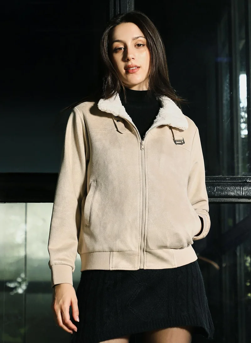 Campus Sutra Women's Contrast Sherpa-Lined Suede Bomber Jacket | Point Collar , Long Ribbed-Cuff Sleeves, Zipper  Closure | Solid Textured Woven Jacket For Casual & Daily Wear | Saltbox Beige
