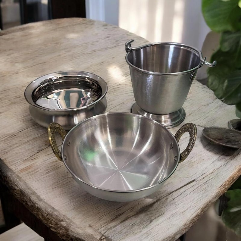 KITCART Stainless Steel Handi Bucket and Kadhai with Brass Handle Durable Home and Kitchenwere Set Hotelware Set Serving pcs - Image 1