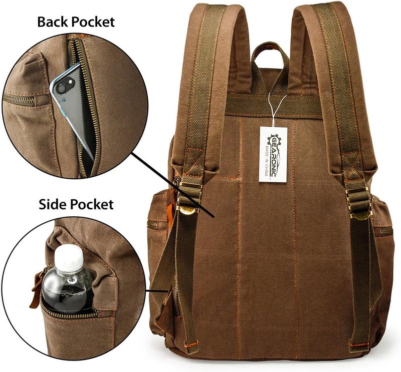 GEARONIC 21L Vintage Canvas Backpack Leather Rucksack Knapsack 15inch Laptop Tote Satchel College Shoulder Hiking Bag - Image 1