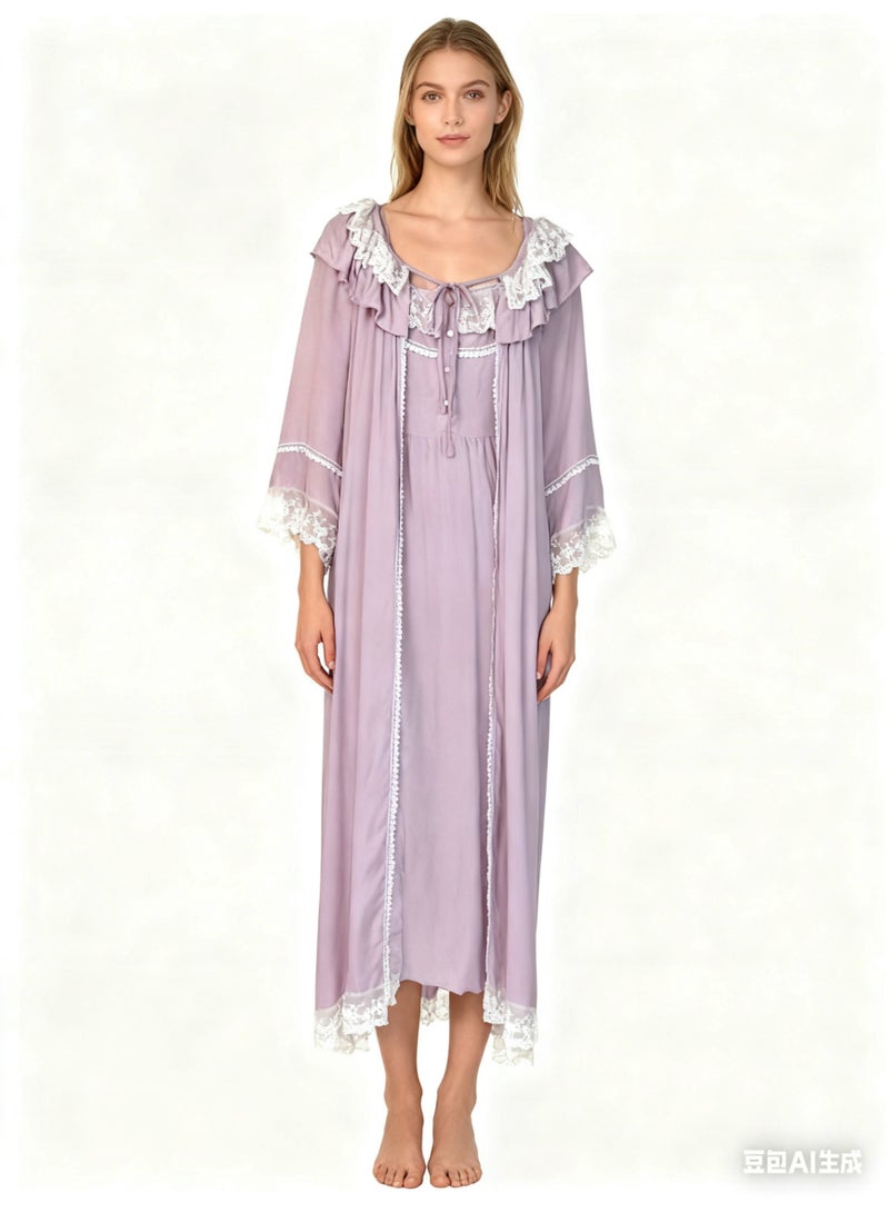 Orchid 2-Piece Set Women Sweet Nightdress Lace Pajamas Ladies Long Sleeve Robe Loungewear Loose Nightgown  Female Home Wear - Image 1