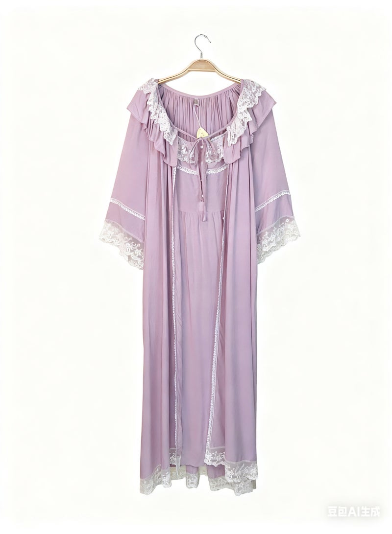 Orchid 2-Piece Set Women Sweet Nightdress Lace Pajamas Ladies Long Sleeve Robe Loungewear Loose Nightgown  Female Home Wear - Image 2