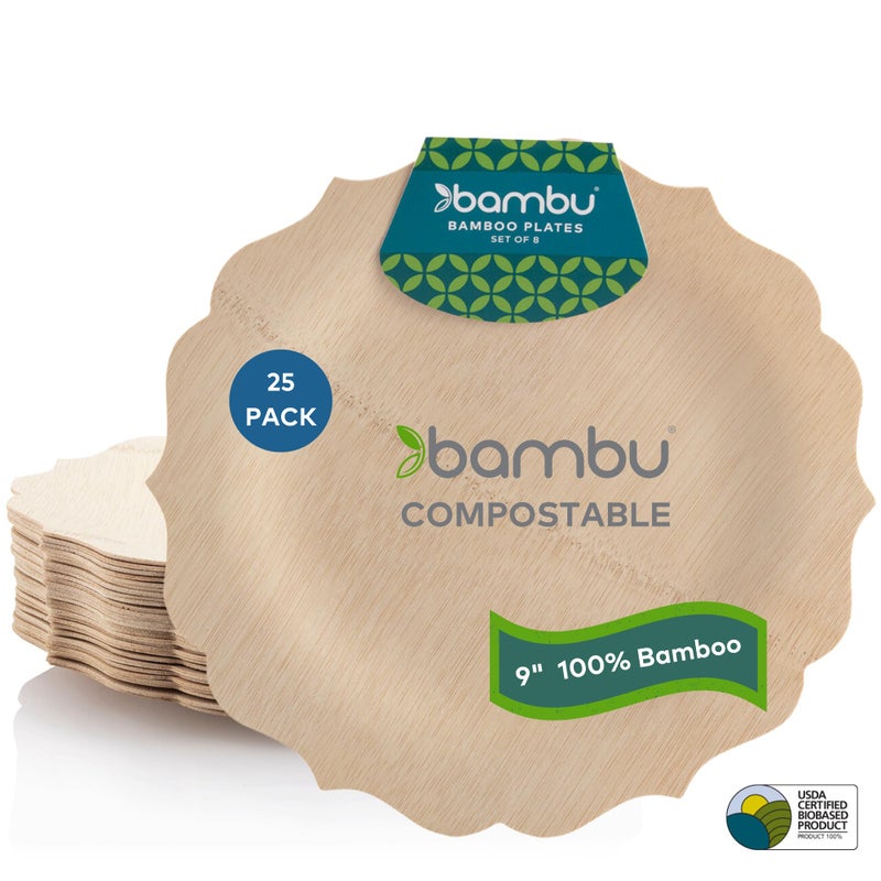 Bambu Pack of 259 Inch Disposable Bamboo Plates Fancy Biodegradable Eco Friendly Products Bamboo Disposable Plates for Party Weddings and Events Great For Any Occasion Compostable Plates