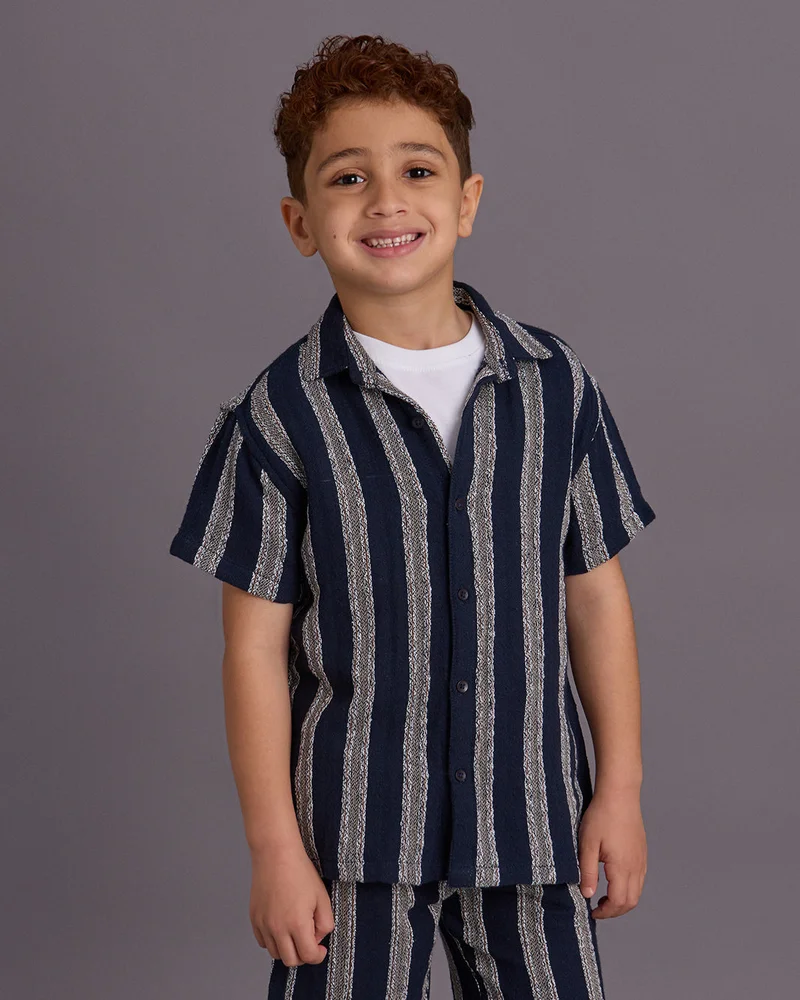 REDTAG Boys Navy Striped Jacquard Shirt And White T-Shirt