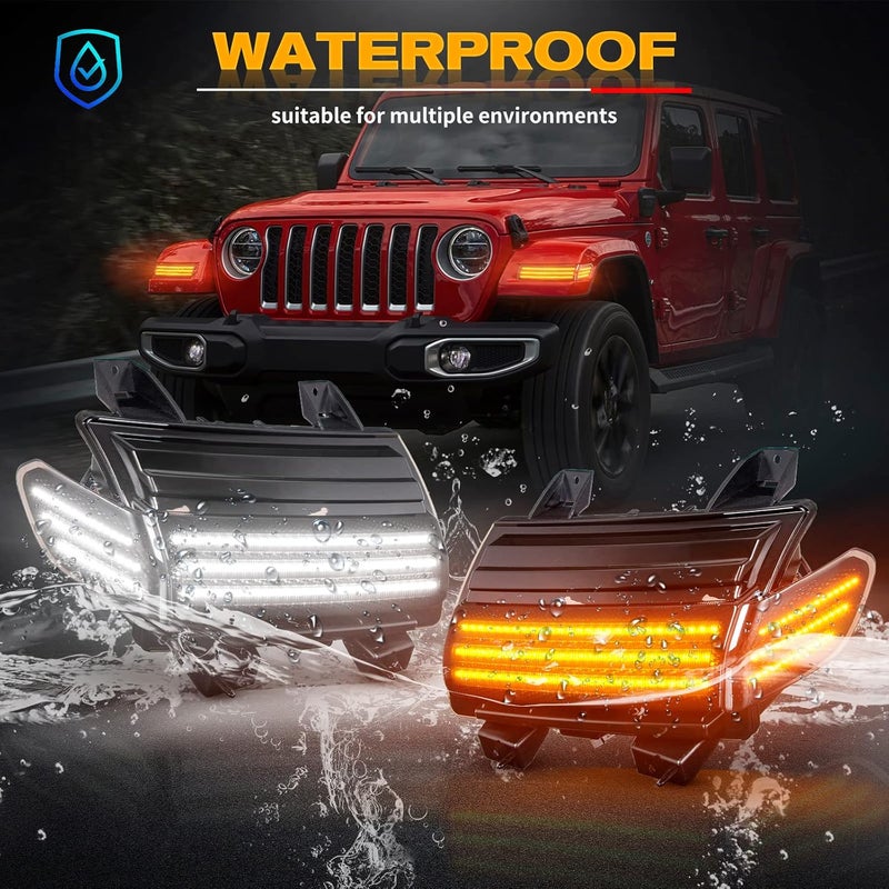 Gempro مجموعة مصابيح إشارة الانعطاف الجانبية LED من جيمبرو لجهاز جيب رانجلر JL 2018-2020، عدسة مدخنة، 4 قطع مع إشارات انعطاف برتقالية متتابعة وأضواء تشغيل نهارية بيضاء - Image 5