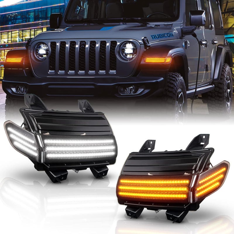 Gempro مجموعة مصابيح إشارة الانعطاف الجانبية LED من جيمبرو لجهاز جيب رانجلر JL 2018-2020، عدسة مدخنة، 4 قطع مع إشارات انعطاف برتقالية متتابعة وأضواء تشغيل نهارية بيضاء - Image 1