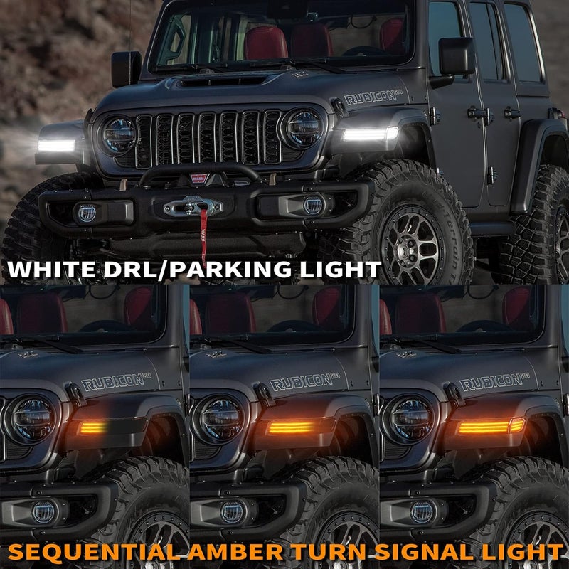 Gempro مجموعة مصابيح إشارة الانعطاف الجانبية LED من جيمبرو لجهاز جيب رانجلر JL 2018-2020، عدسة مدخنة، 4 قطع مع إشارات انعطاف برتقالية متتابعة وأضواء تشغيل نهارية بيضاء - Image 3