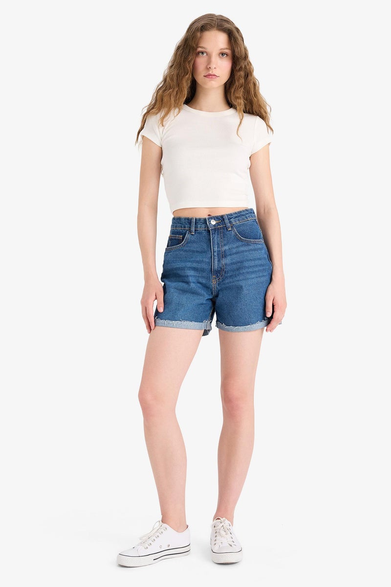 DeFacto Blue Woman Mom Fit Denim High waist Crop Fit Shorts Casual - Image 3