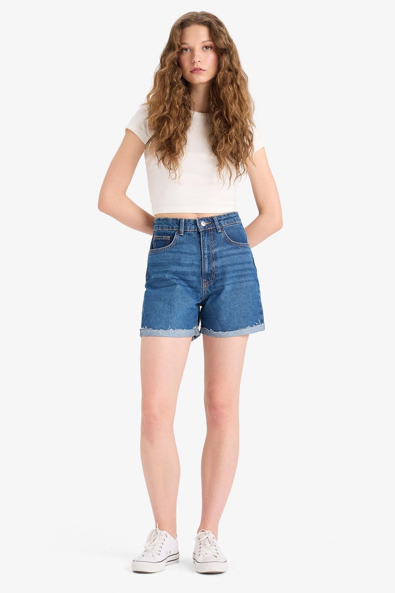 DeFacto Blue Woman Mom Fit Denim High waist Crop Fit Shorts Casual - Image 1