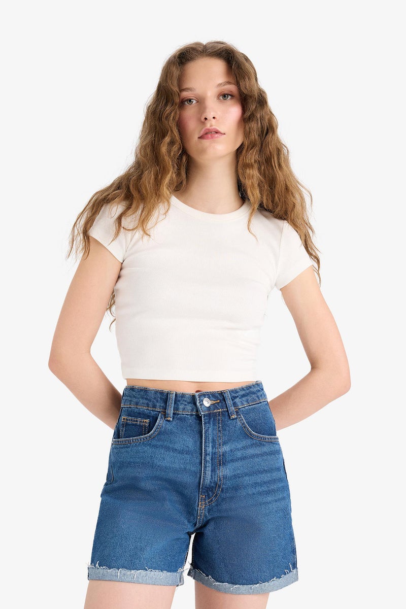 DeFacto Blue Woman Mom Fit Denim High waist Crop Fit Shorts Casual - Image 4