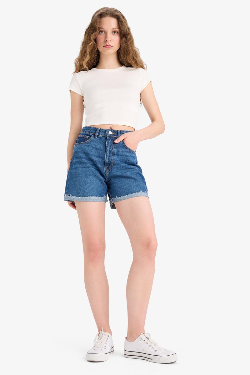 DeFacto Blue Woman Mom Fit Denim High waist Crop Fit Shorts Casual - Image 2