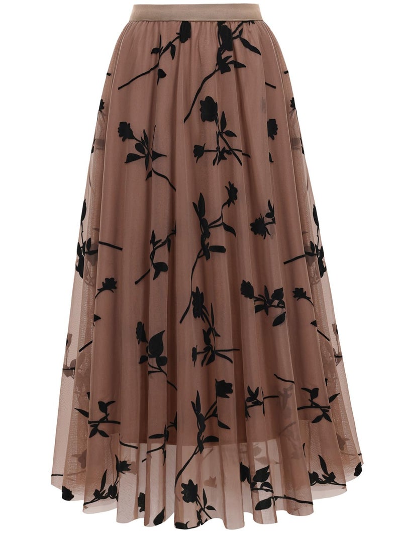 kydely Skirts for Women Tulle Midi Long Length Pleated Skirt Summer A-Line Floral Dressy Trendy High Waist Flowy Skirts Khaki S-M - Image 1