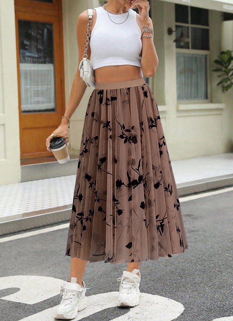 kydely Skirts for Women Tulle Midi Long Length Pleated Skirt Summer A-Line Floral Dressy Trendy High Waist Flowy Skirts Khaki S-M - Image 2