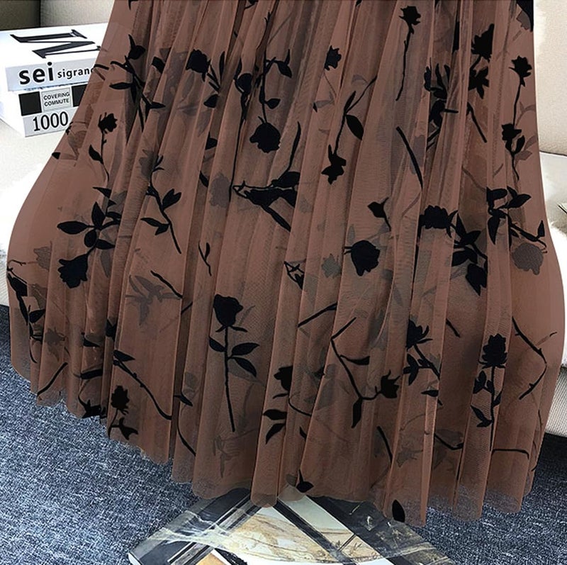 kydely Skirts for Women Tulle Midi Long Length Pleated Skirt Summer A-Line Floral Dressy Trendy High Waist Flowy Skirts Khaki S-M - Image 5