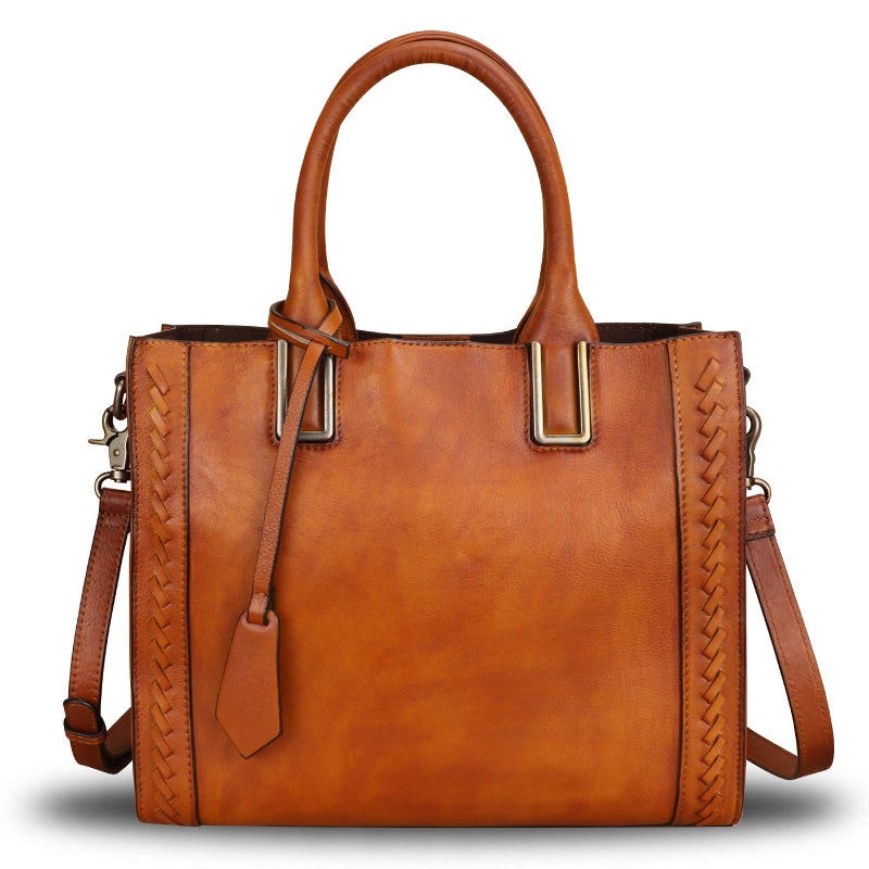 Genuine Leather Satchel Handbag for Women Vintage Handmade Shoulder Bag Cowhide Tote Purse Brown