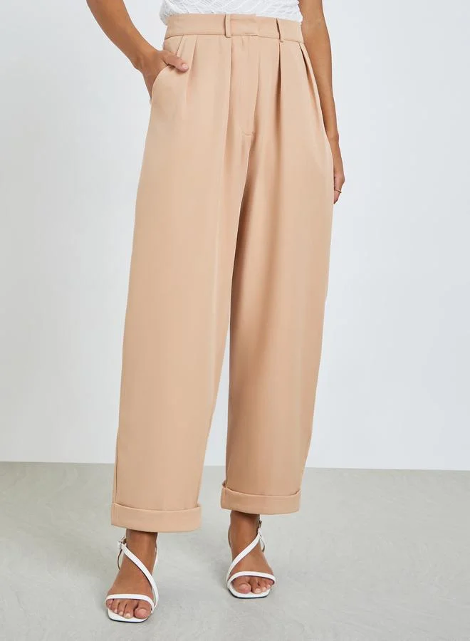 Styli Beige Pleated Relaxed Fit Trousers