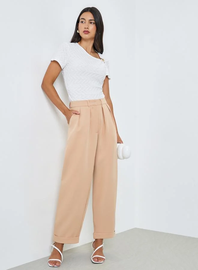 Styli Beige Pleated Relaxed Fit Trousers
