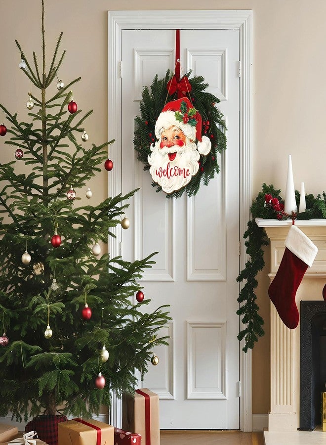 Whaline Christmas Wooden Hanging Sign Red Xmas Santa Welcome Wood Sign Vintage Santa Door Decor Signs for Indoor Outdoor Porch Wall - Image 4