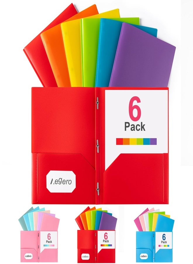 Aegero Folders with Pockets and Prong with Fasteners (6 Pack, Assorted Colors),Durable Plastic Pocket Folders with Prongs,Tear Resistant,2 Pocket 3 Prong Folders for Schoolwork & Office,Letter Size - Image 1