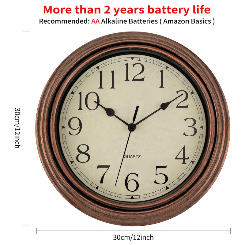 Foxtop Vintage Copper Wall Clock 12 Inch Silent Non Ticking Battery Operated Quartz Round Retro Wall Clock Decorative for Kitchen Bedroom Living Room Office Classroom - Image 2