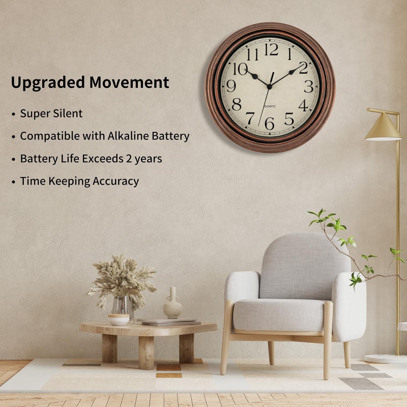 Foxtop Vintage Copper Wall Clock 12 Inch Silent Non Ticking Battery Operated Quartz Round Retro Wall Clock Decorative for Kitchen Bedroom Living Room Office Classroom - Image 3