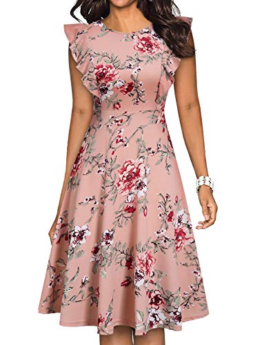 YATHON Women's Vintage Ruffle Floral Flared A Line Swing Casual Cocktail Party Dresses (XL, YT001-Pink Floral 01) - Image 1