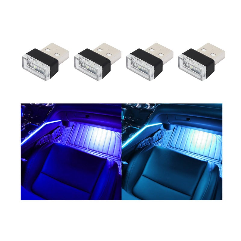 أوجيني 4 قطع مصباح LED داخلي للسيارة بتوصيل USB زينة ضوء الليل المحمولة مجموعة إضاءة محيطية للسيارات ملحقات داخلية عالمية لمعظم السيارات أزرق أزرق جليدي