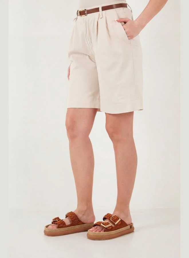 Lela  Lela Cotton Loose Fit Pleated Belted Bermuda Shorts Women's Shorts 668YP5439 for Women | Best Price UAE