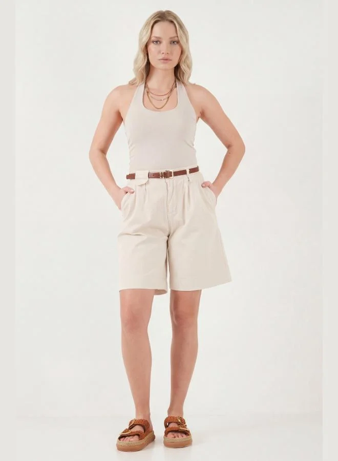 ليلا Lela Cotton Loose Fit Pleated Belted Bermuda Shorts Women's Shorts 668YP5439