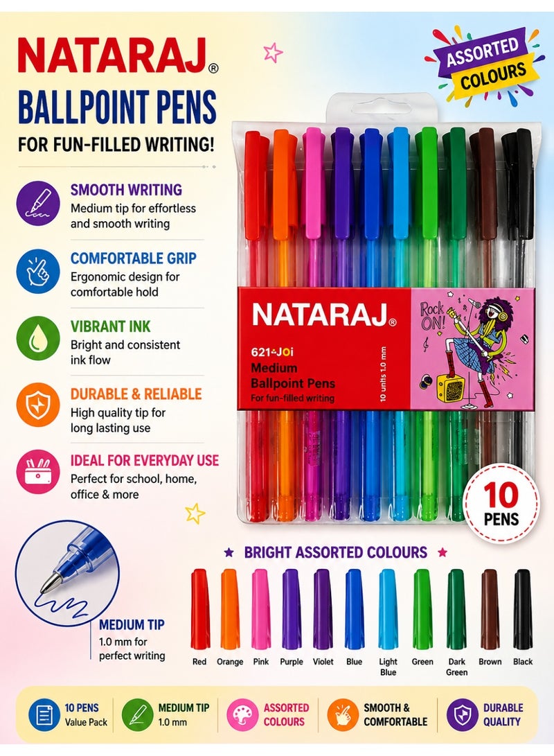 10-Piece Ballpoint Pen Medium Tip Assorted Ink Colours