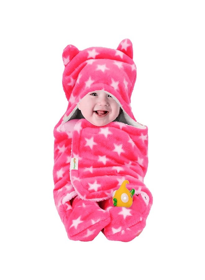OYO BABY 3-In-1 Fleece Hooded Baby Blanket Wrapper -Pack Of 1 (Baby Pink Star Printed) | All Season | 0-6 Months | Sleeping Bag | Great Gift | Bath Towel | Multipurpose Comforter  - Image 1