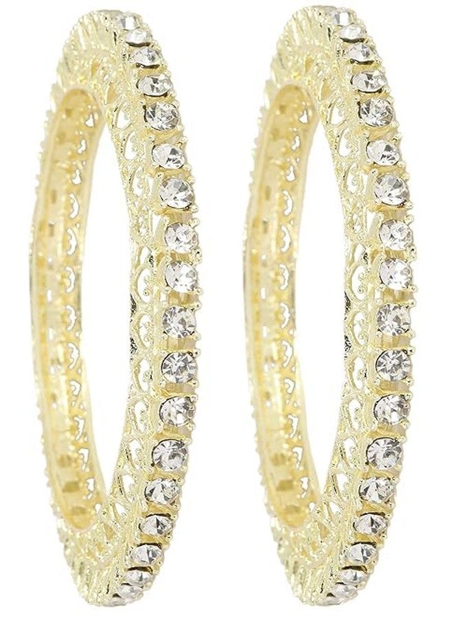 BANGLESKART مجموعة أساور بانجلسكارت التقليدية المصنوعة من سبيكة معدنية مرصعة بحجر الزركون للنساء والفتيات. أحدث أساور نسائية عصرية، أساور كادا أنيقة للنساء، أساور معدنية لحفلات الزفاف والمناسبات والأعياد - طقم من قطعتين ذهبيتين - Image 1