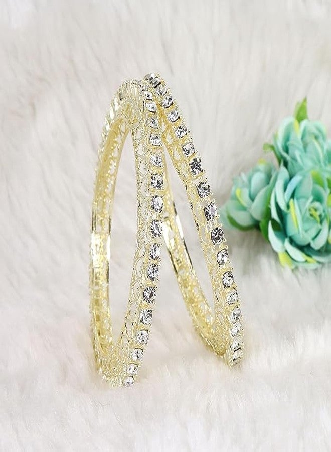 BANGLESKART مجموعة أساور بانجلسكارت التقليدية المصنوعة من سبيكة معدنية مرصعة بحجر الزركون للنساء والفتيات. أحدث أساور نسائية عصرية، أساور كادا أنيقة للنساء، أساور معدنية لحفلات الزفاف والمناسبات والأعياد - طقم من قطعتين ذهبيتين - Image 4