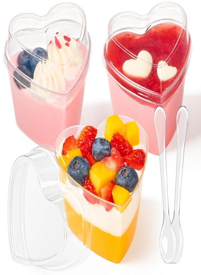 TOFLEN 50 Pack Heart Shaped Dessert Cups with Lids and Spoons, 5 oz Mini Plastic Shooter Cups for Parfait, Pudding, Fruit, Cheesecake, Mousse, Jello, Yogurt, Appetizer - Image 1