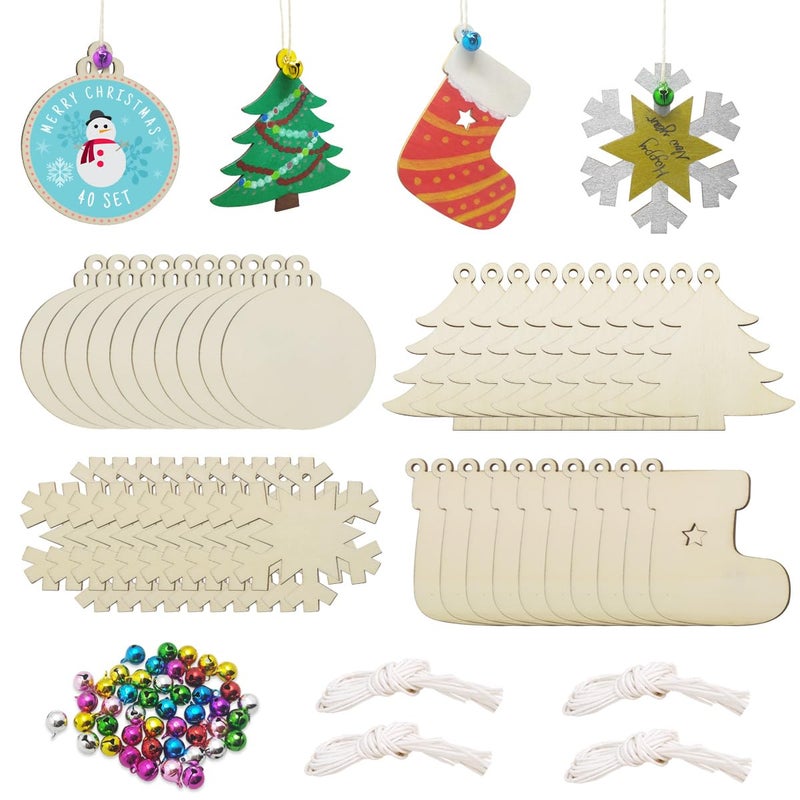 Hidreas 40PCS Christmas Crafts Unfinished Wooden Christmas Ornaments Kit DIY Ornaments Crafts with 40PCS Colorful Bells and 40PCS Wax Rope for Holiday Decoration and DIY Craft Making