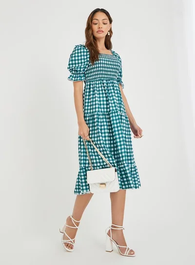 Take Two Take Two Checked Puff Sleeves A-Line Knee Length Dress with Smocked Detail