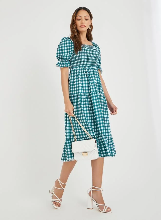 Take Two Take Two Checked Puff Sleeves A-Line Knee Length Dress with Smocked Detail