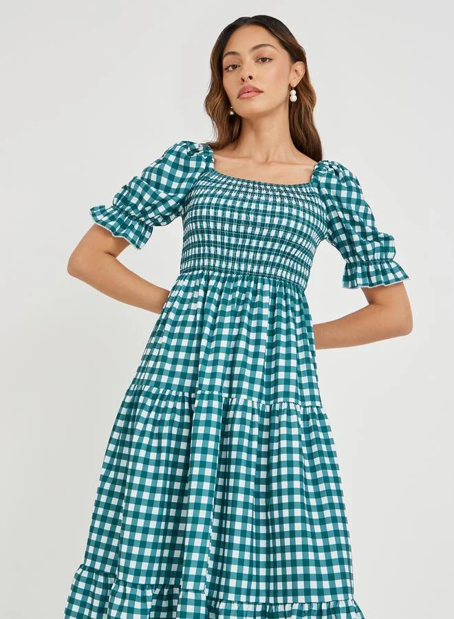 Take Two Take Two Checked Puff Sleeves A-Line Knee Length Dress with Smocked Detail