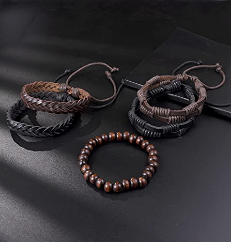 Tornito 15Pcs Braided Leather Bracelet Boho Cuff Wrap Wood Bead String Woven Ethnic Stretch Wristbands Bracelets Set for Men Women Size Adjustable - Image 5