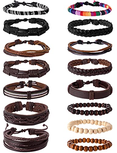 Tornito 15Pcs Braided Leather Bracelet Boho Cuff Wrap Wood Bead String Woven Ethnic Stretch Wristbands Bracelets Set for Men Women Size Adjustable - Image 1