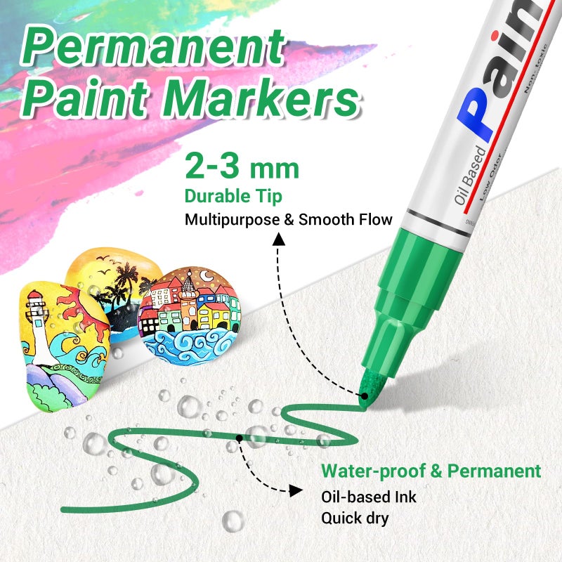 DAPAWIN Oil Based Paint Pen, Permanent Paint Marker: Quick-Dry, Waterproof Marker Set of 12 for Rock Painting, Glass, Fabric, Ceramic, Wood, Metal, Mug, Plastic, Stone, Christmas Art Craft Supplies Kit - Image 2