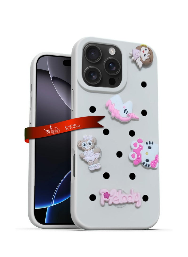 Wtech Apple iPhone 16 Pro Max 2024 Cute Cartoon Silicone Slippers Holes Shockproof DIY Phone Case Cover - White - Image 1