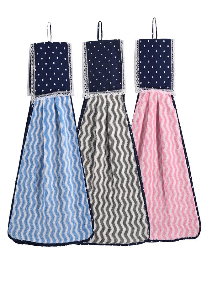 Kuber Industries 3 Pcs Microfiber Wash Basin Hand Towel with Hanging Loop | Soft Hanging Hand Towel for Kitchen and Bathroom | Wash Basin Napkins for Everyday Use | Zig Zag - Pink, Grey & Blue - Image 1